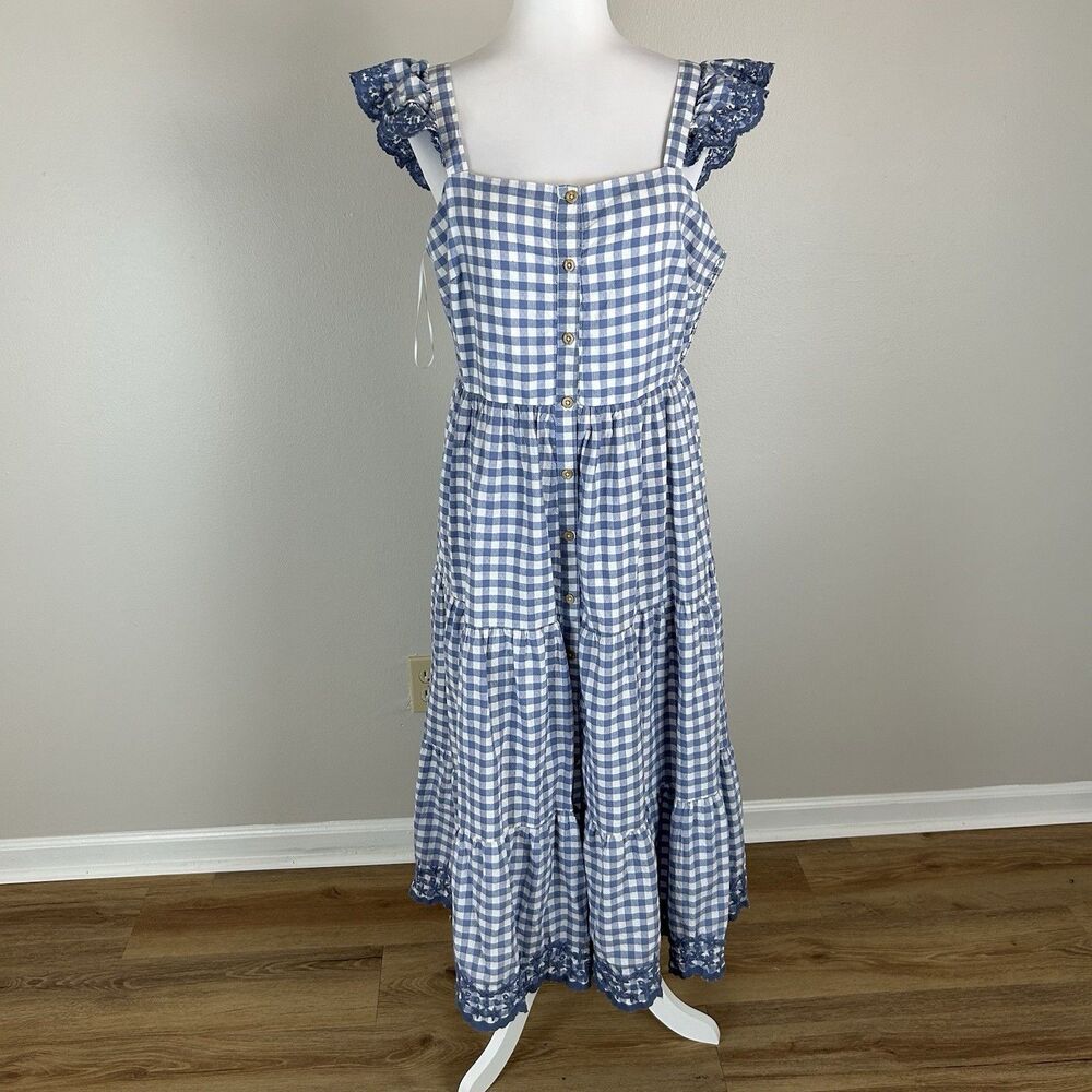 Shabby Chic 12 Large Midi Dress Check Plaid Embroidered Eyelet Button Cottage